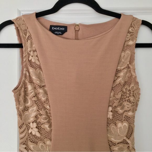 Bebe Bodycon Cocktail Dress w/ Lace, Size S, Taupe/Beige - Picture 3 of 12